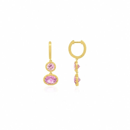 14K Yellow Gold Fairy Pink Oval Bezel Drop Earrings