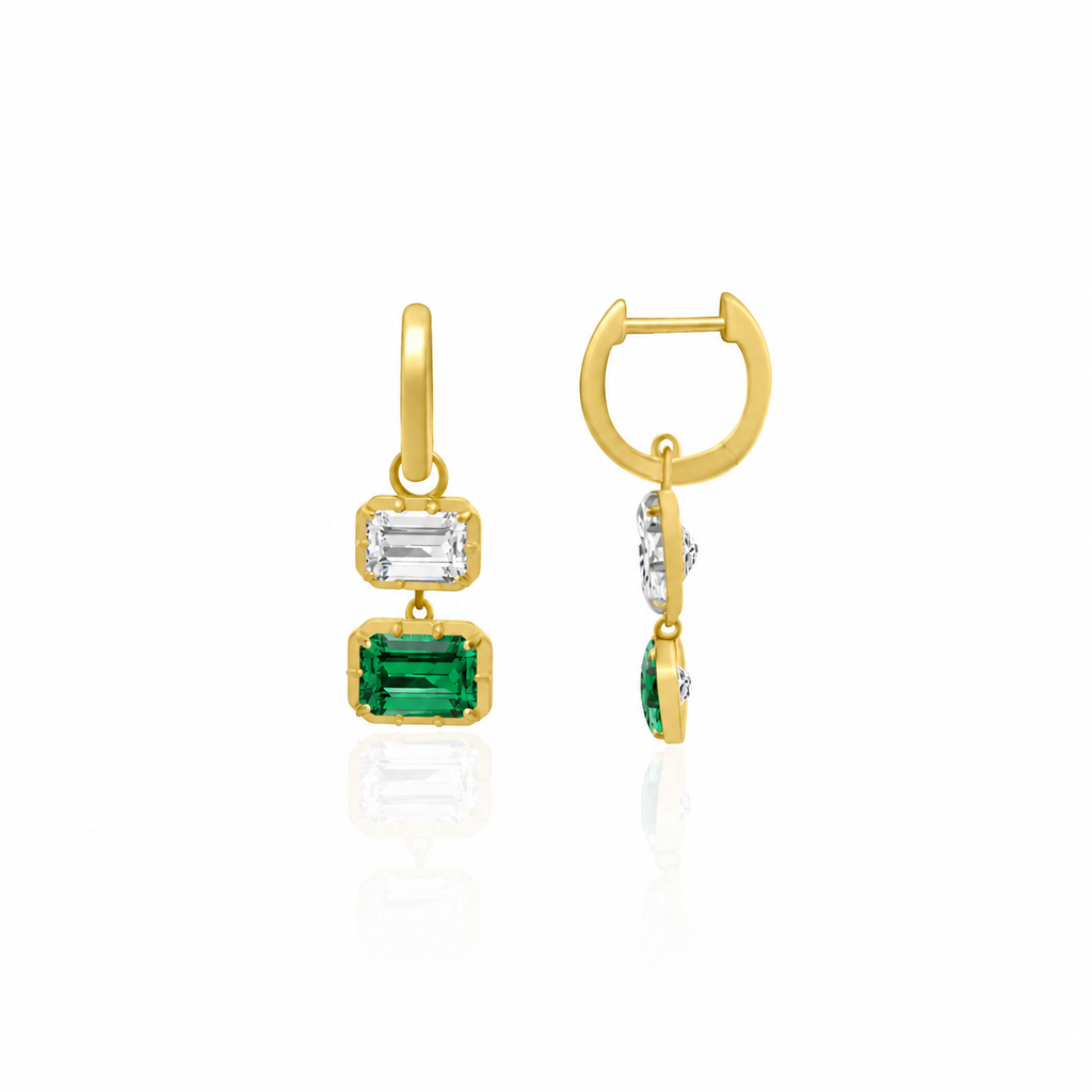 Double Emerald Shape Dangle Huggie Earrings