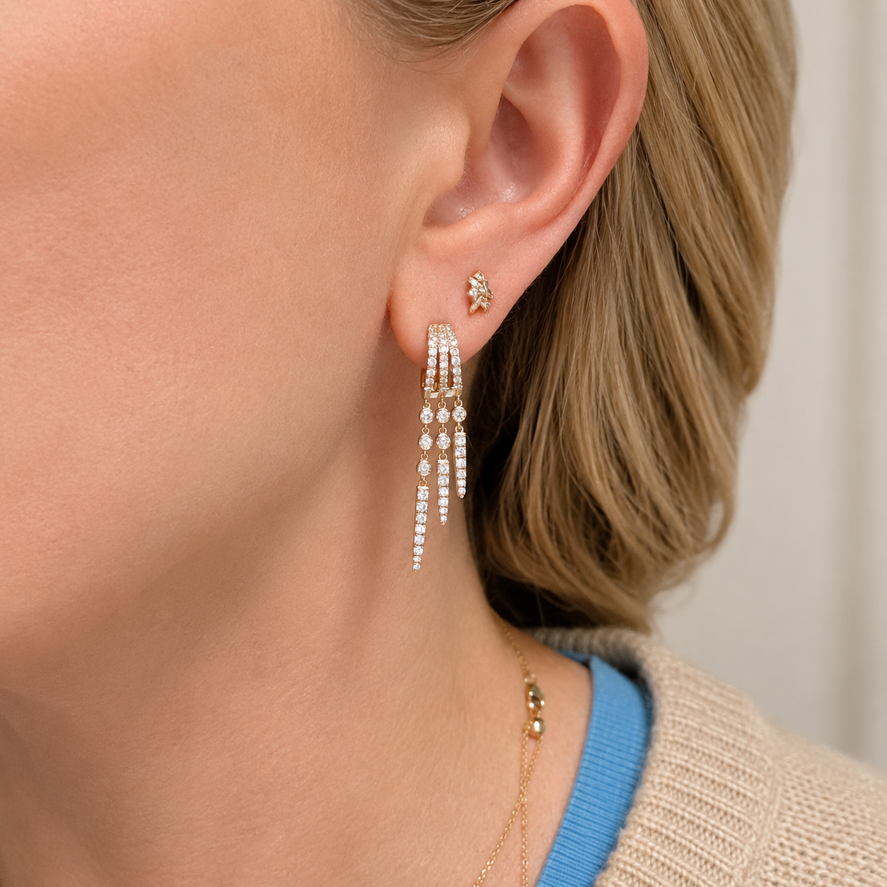 Triple Huggie Lab Diamond Spike Earrings