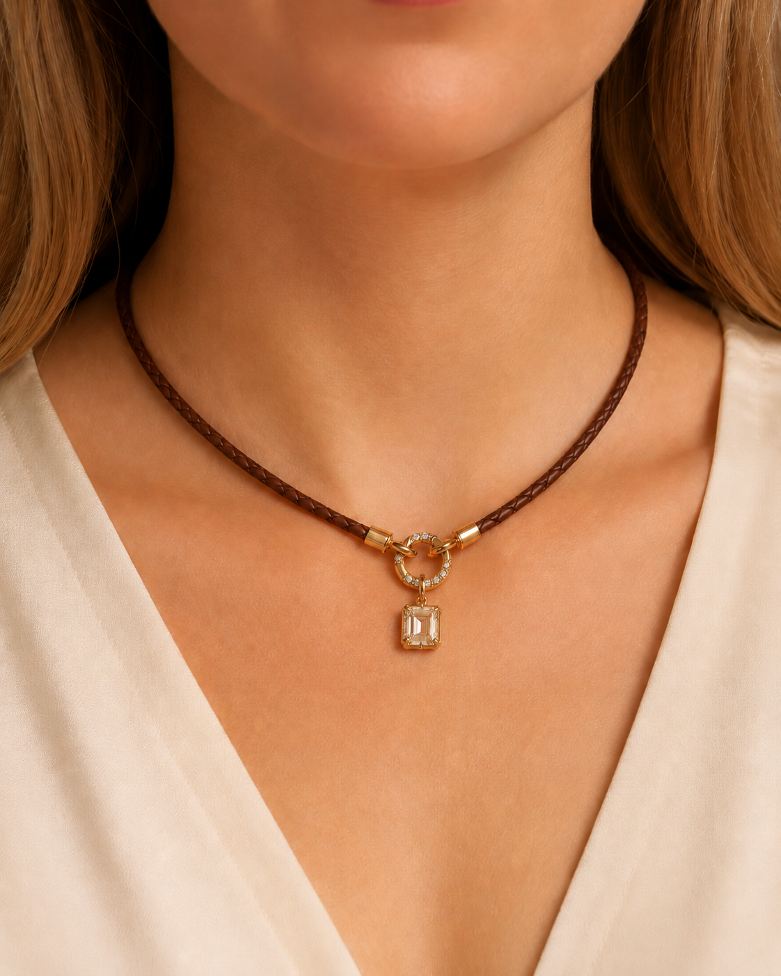 Braided Leather Cord Necklace with Diamond Enhancer