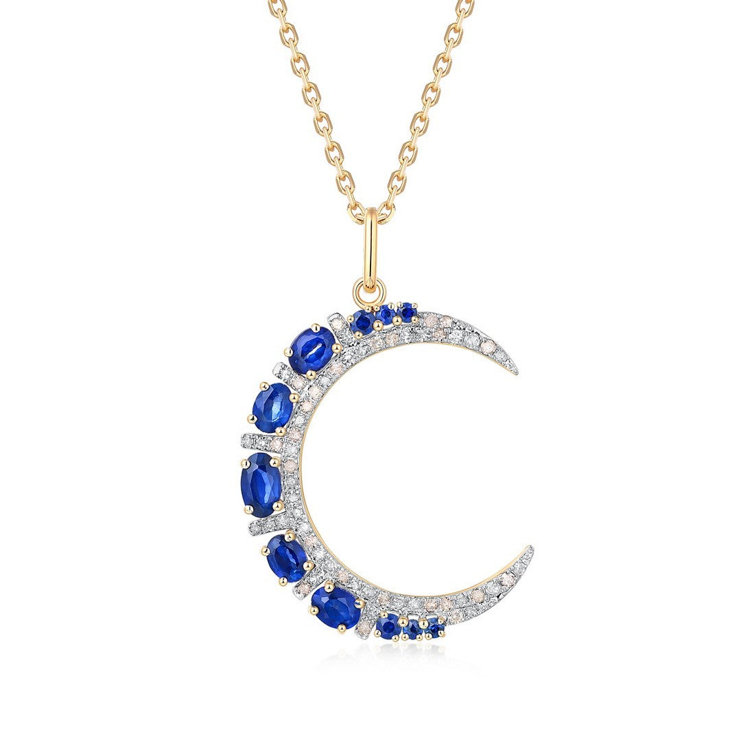 14K Yellow Gold Blue Sapphire and Diamond Crescent Pendant