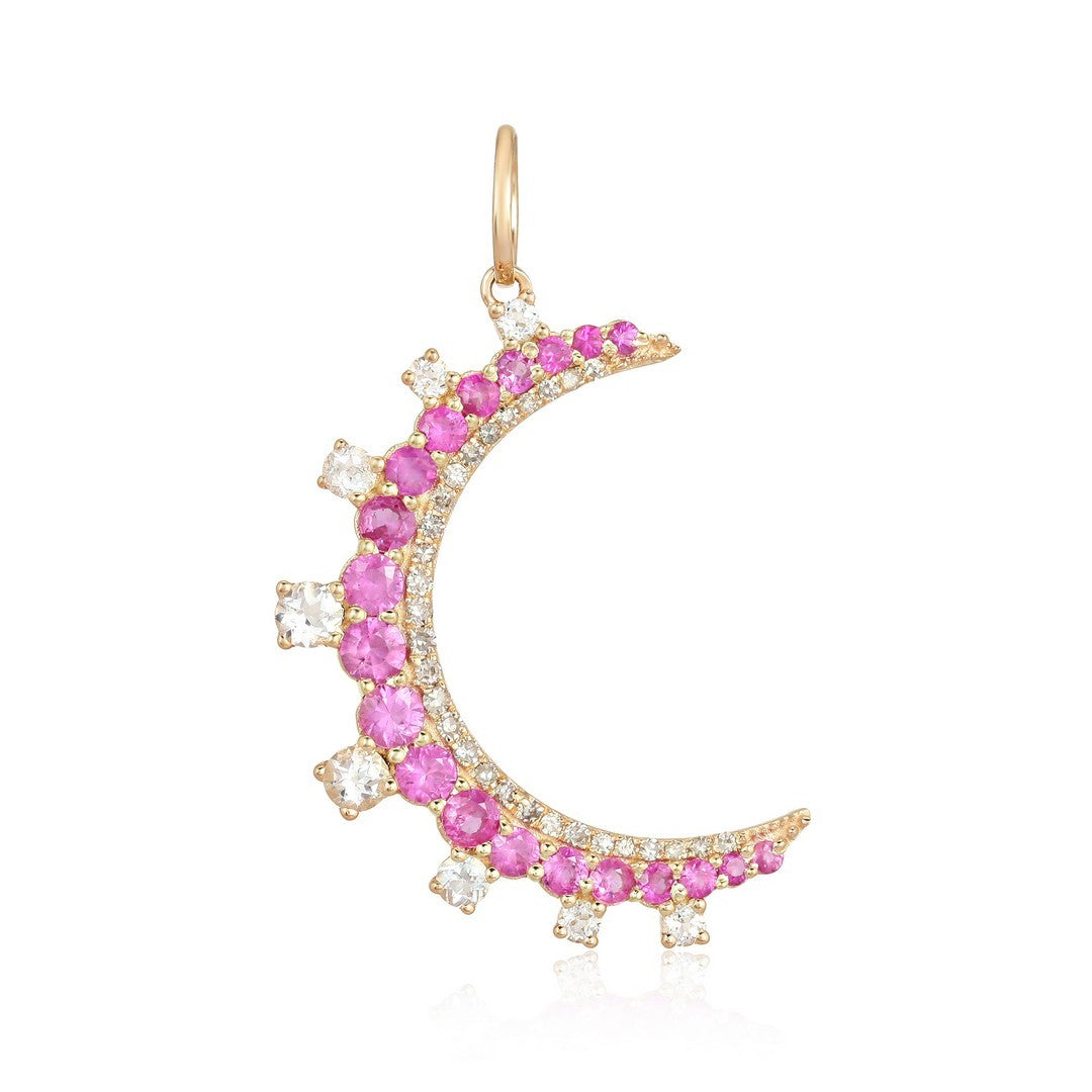 14K Yellow Gold Pink Sapphire, White Topaz and Diamond Crescent Pendant