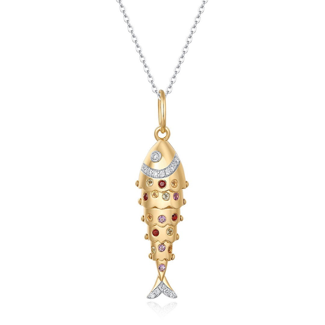 14K Yellow Gold Multicolor Sapphire Fish Pendant